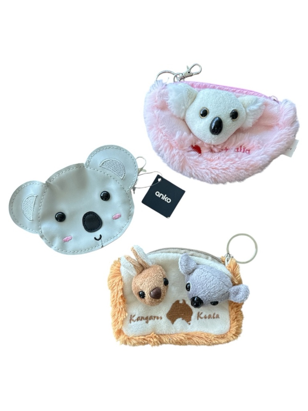 Australian Animal Coin Purses x 3 Bundle Koala Australia Kangaroo Pink Gray